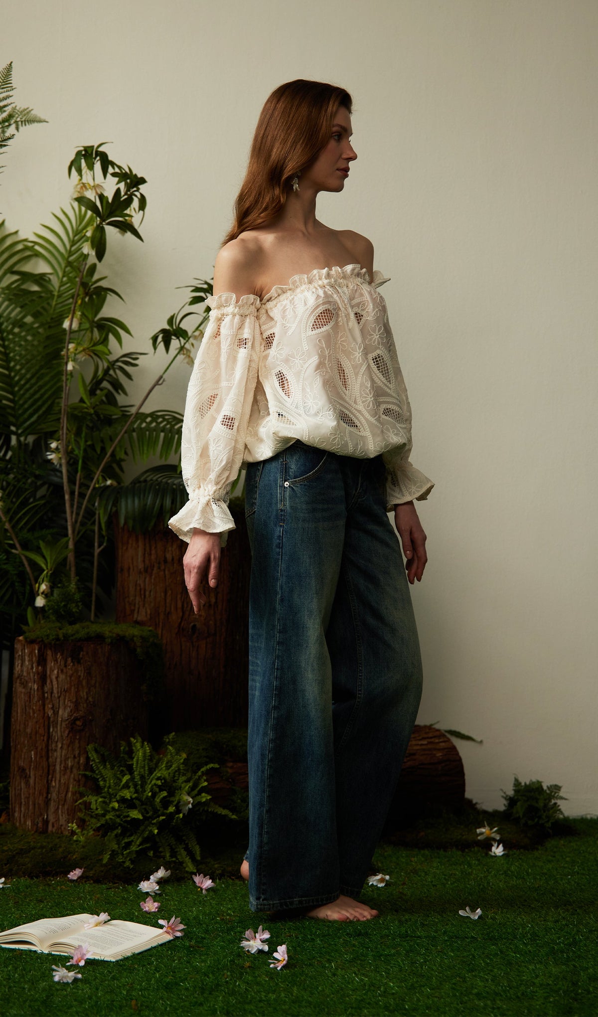 Off Shoulder Ruffled Hollow Out Top