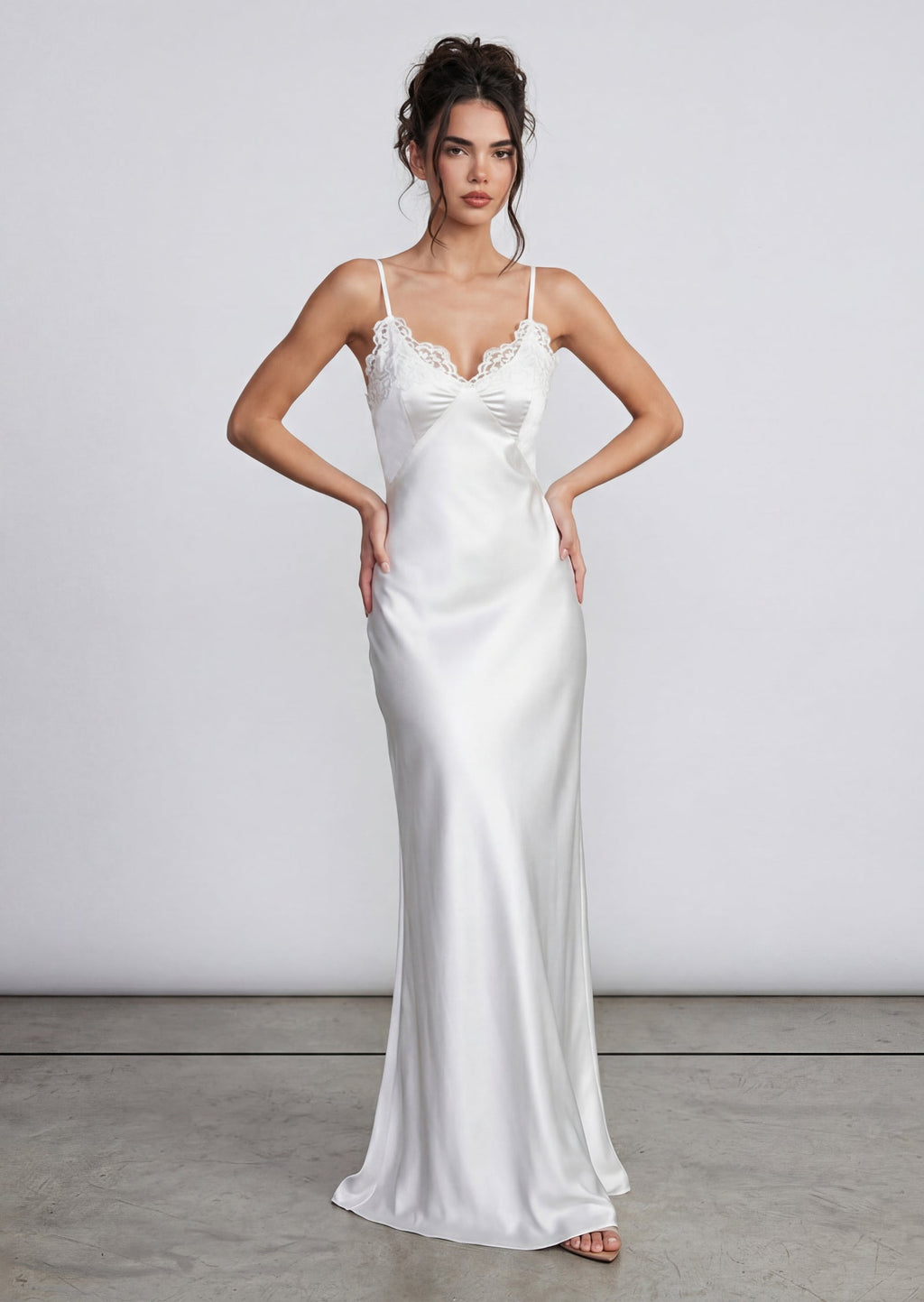 Tina Lace Strap Satin Maxi Dress In White