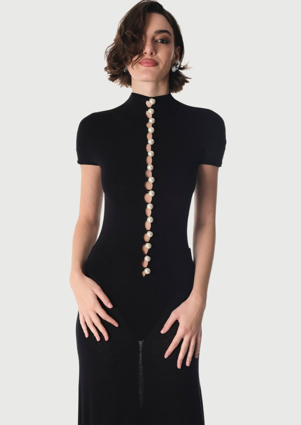 Short Sleeved Sheer Button Maxi Dress In Black