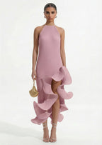 Pleated Sleeveless Irregular Ruffle Midi Dress In Purple