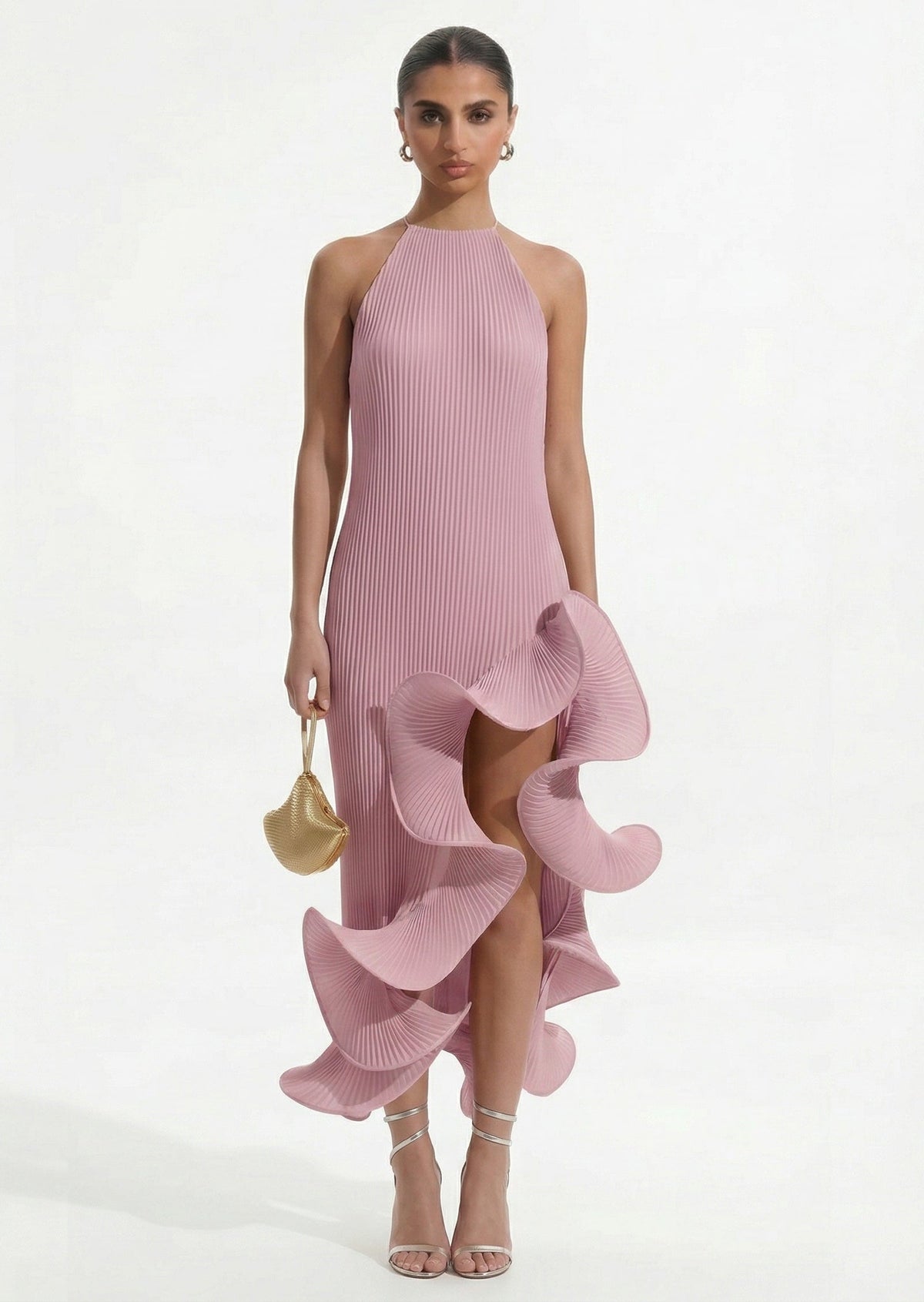 Pleated Sleeveless Irregular Ruffle Midi Dress In Purple