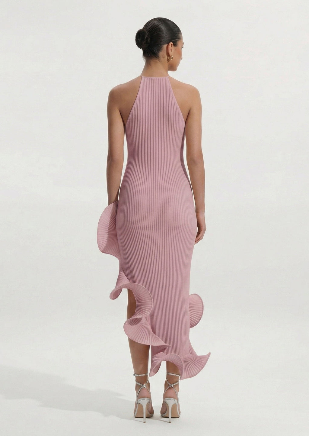 Pleated Sleeveless Irregular Ruffle Midi Dress In Purple