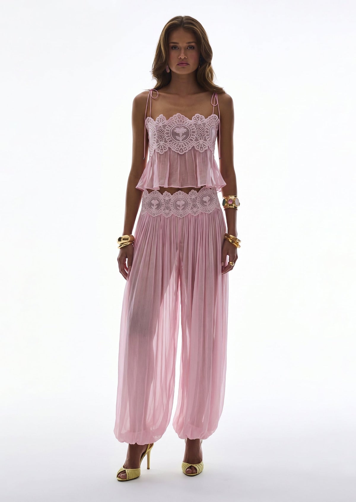 Luenie Chiffon Top & Pant Two Piece Set In Pink