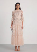 Embroidered Flower Sequins Mesh Maxi Dress
