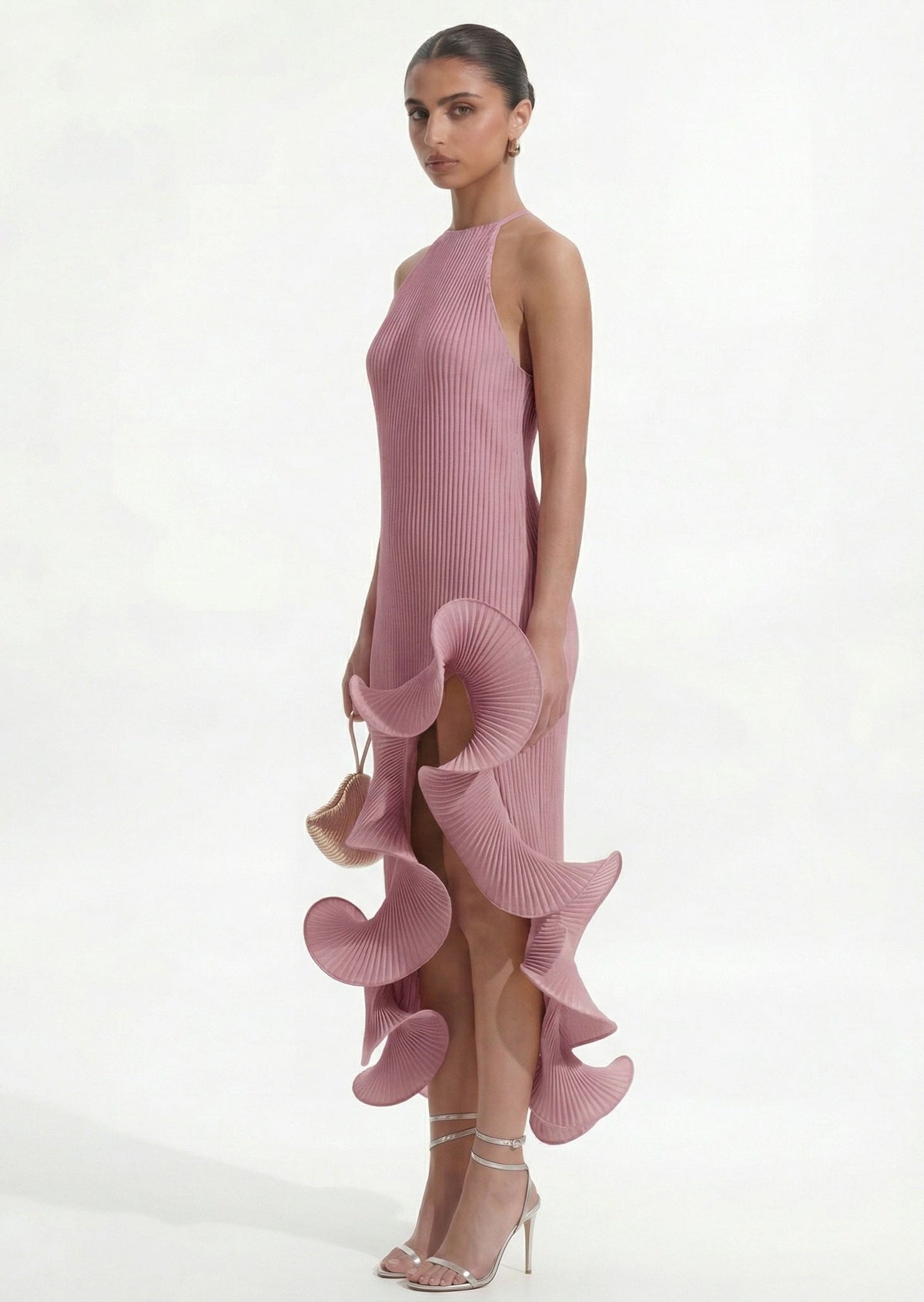 Pleated Sleeveless Irregular Ruffle Midi Dress In Purple