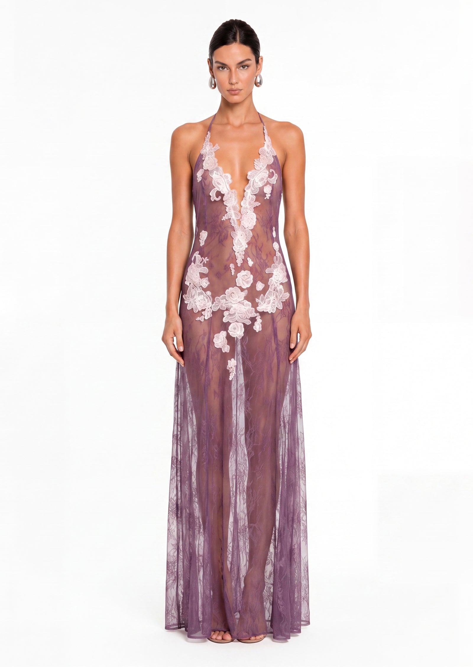 Antheia Sheer Lace Maxi Dress In Light Puple