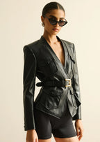 Button Belted Leather Jacket