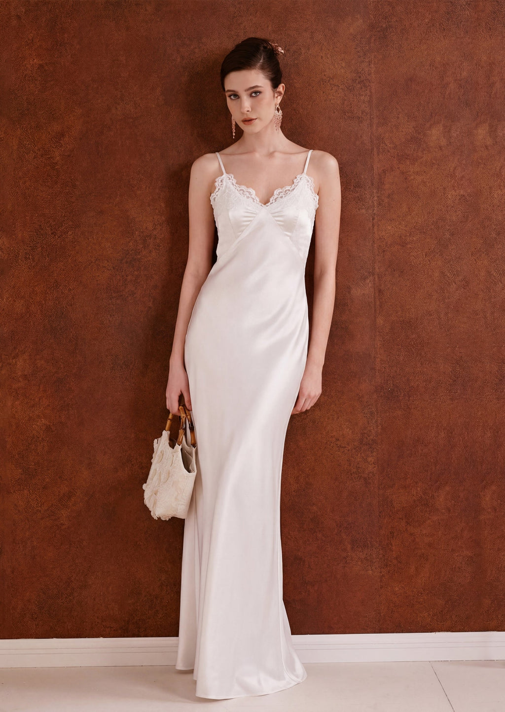 Tina Lace Strap Satin Maxi Dress In White