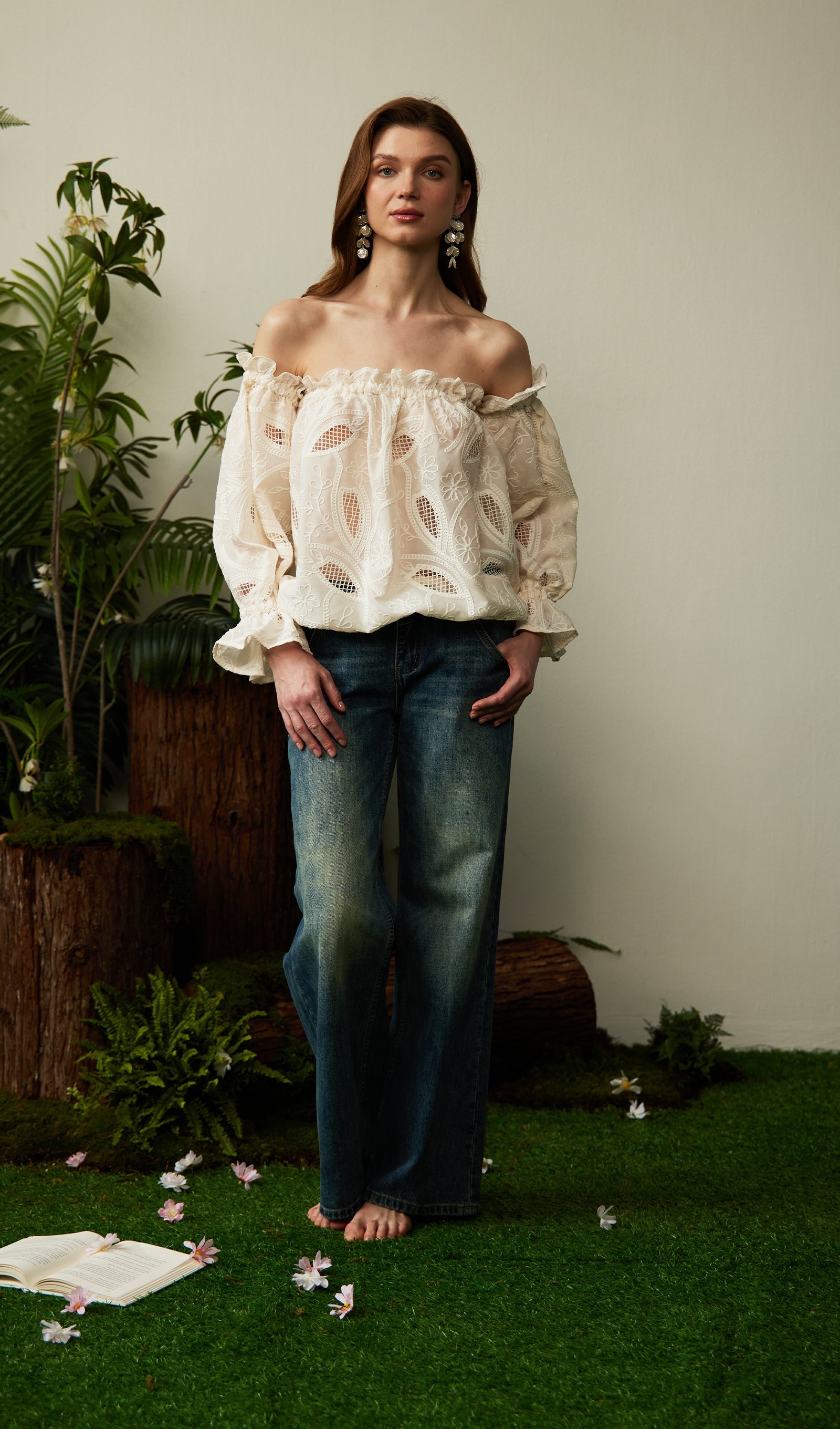 Off Shoulder Ruffled Hollow Out Top