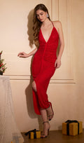 Solid Diamante Ruched Midi Dress In Red