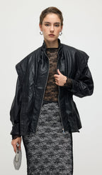 Waisted Lapel Leather Jacket In Black