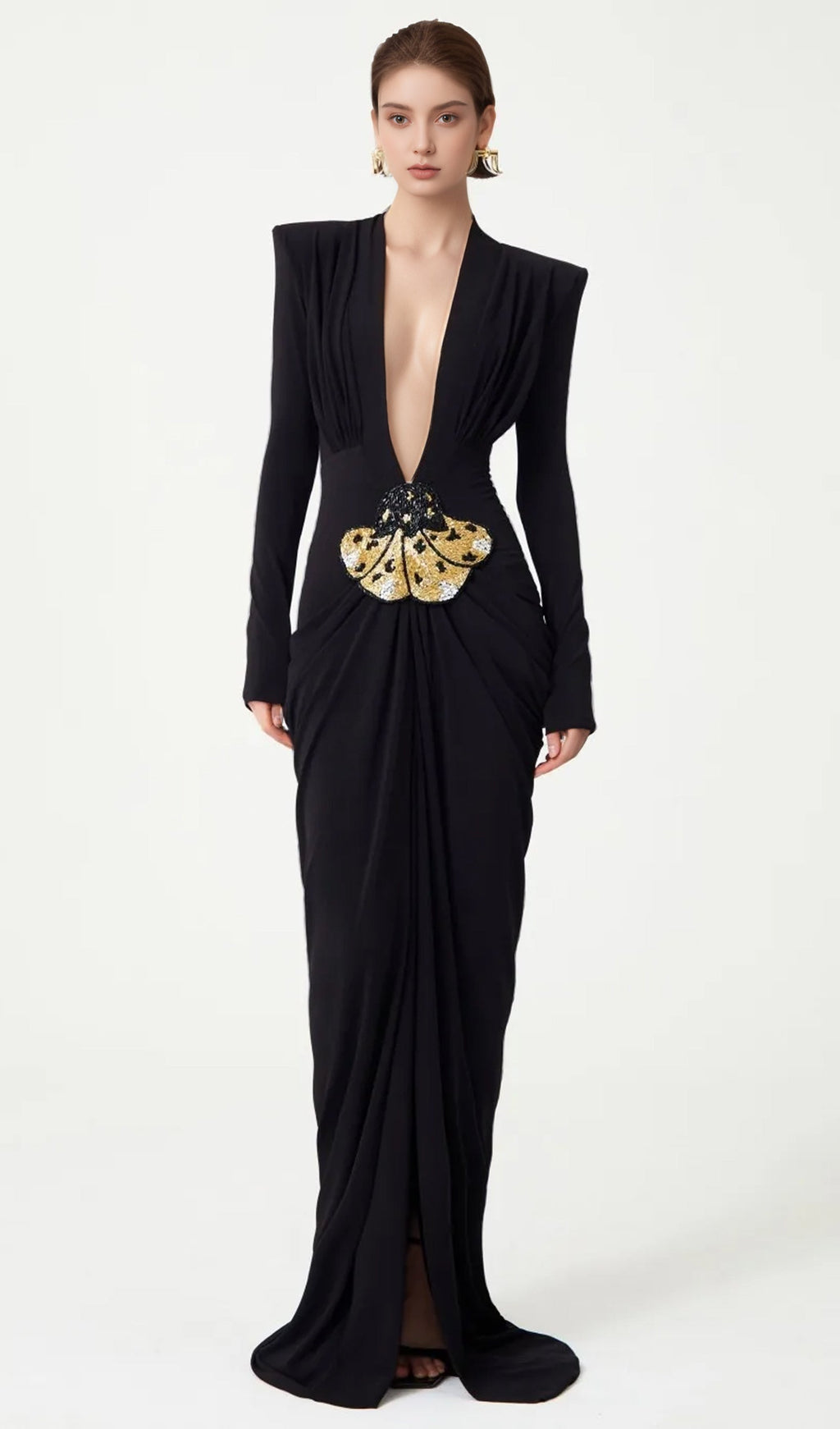 V-Neck Draped And Embroidery Evening Dress