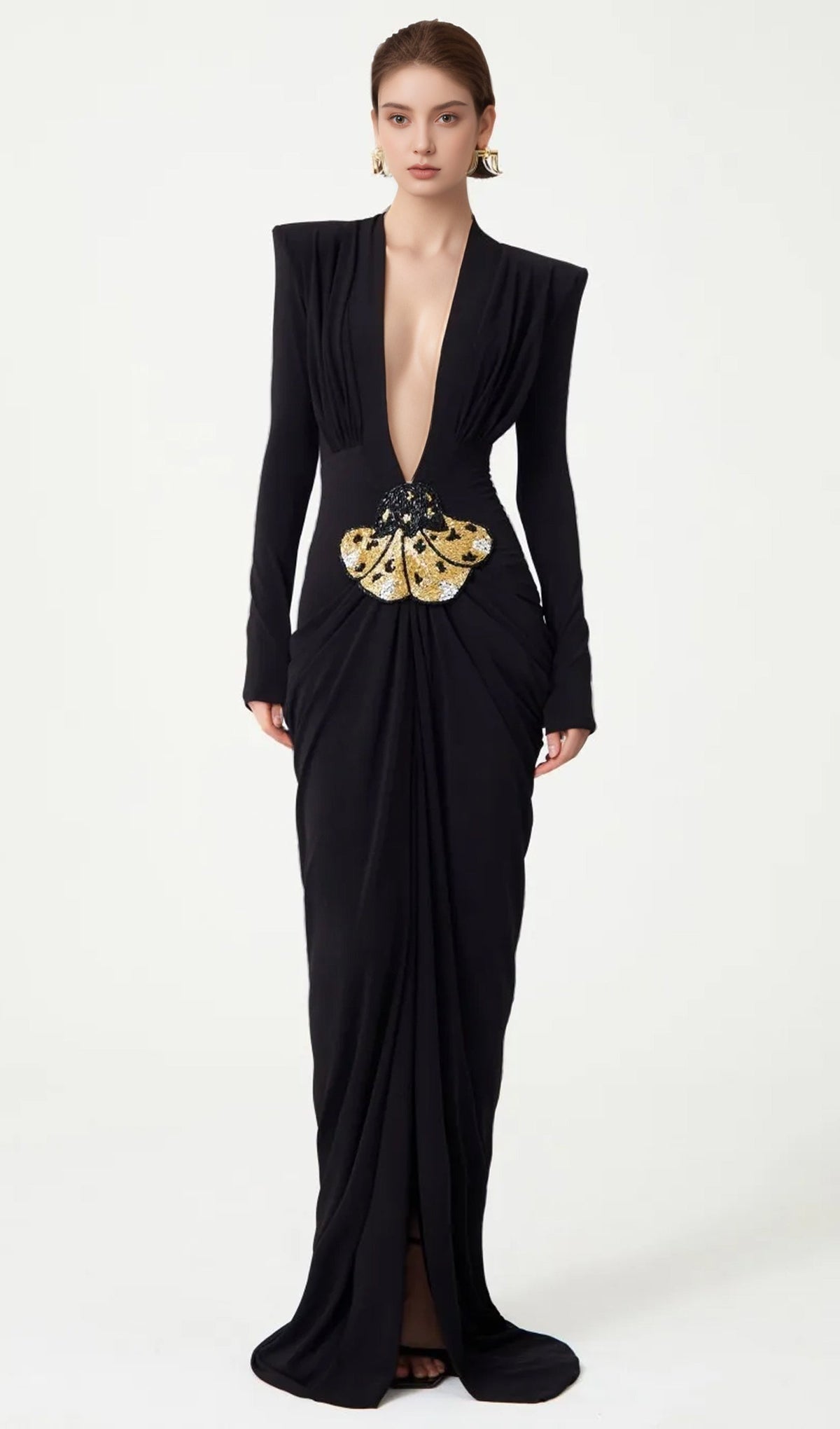 V-Neck Draped And Embroidery Evening Dress