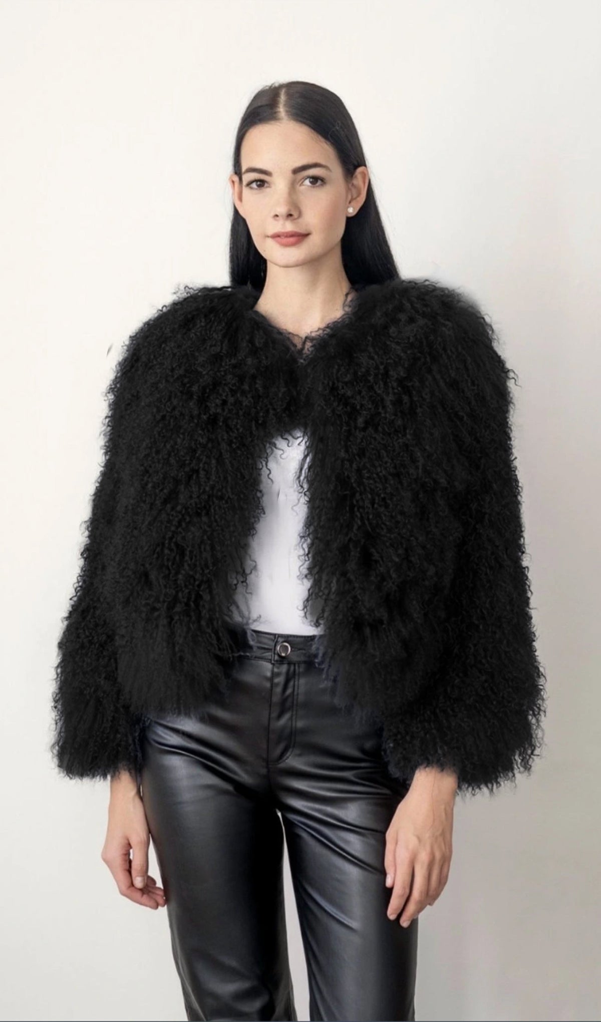 Short Shearling Jacket Coat-Black