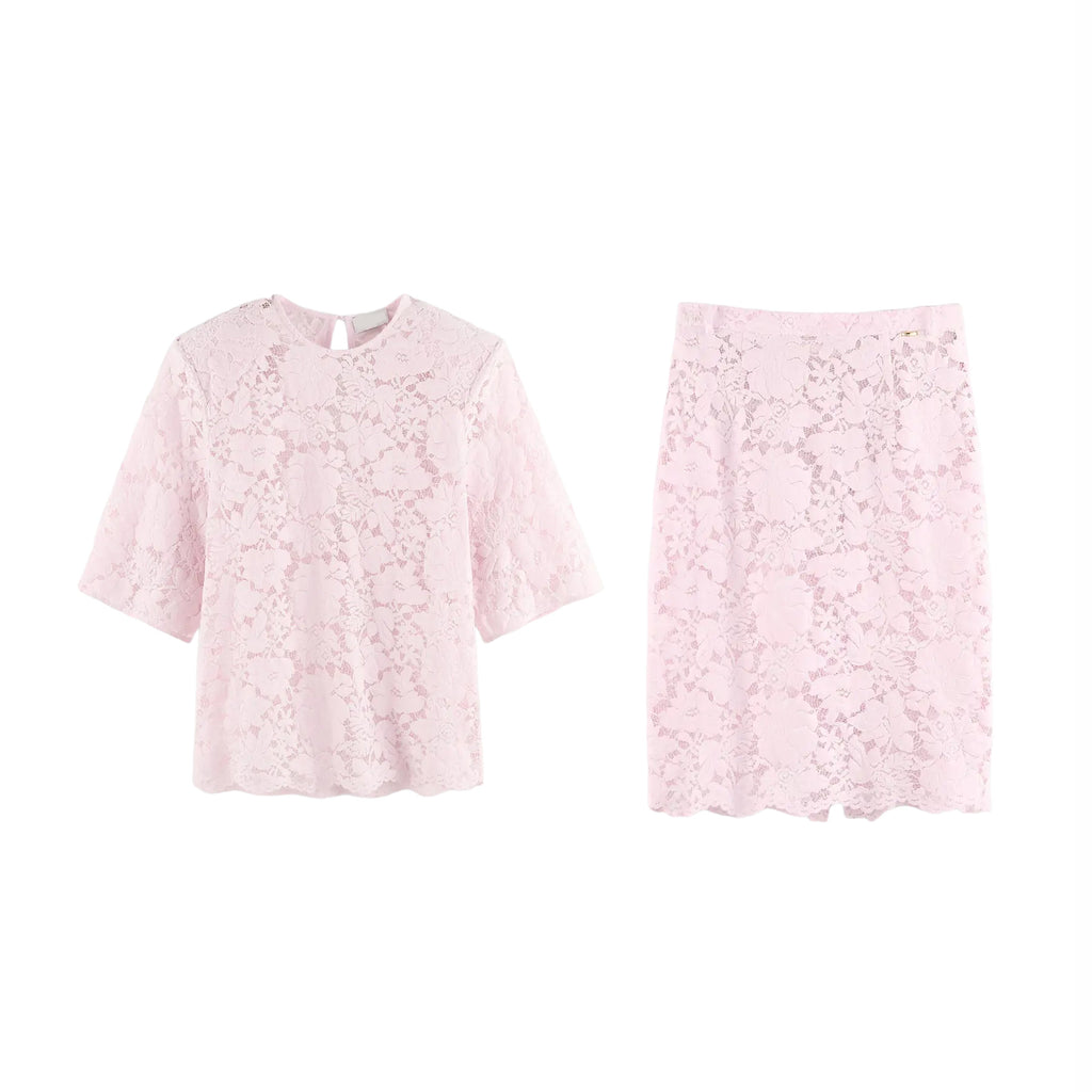 Aralyn Velvet  Lace T-Shirt & Lace Skirt Set In Pink