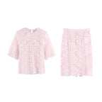 Aralyn Velvet  Lace T-Shirt & Lace Skirt Set In Pink