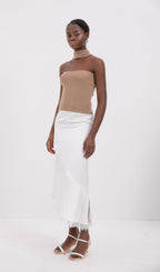 Trendy Satin Lace-Trim Midi Skirt-White