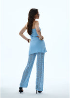Bandage Knit Top & Crochet Knit Pants In Blue