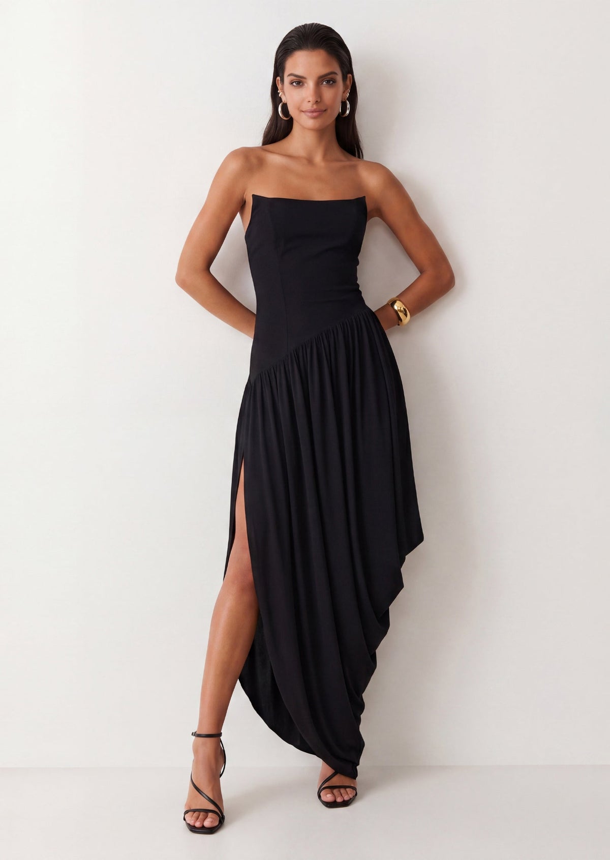 Caelan Strapless Asymmetrical Maxi Dress In Black