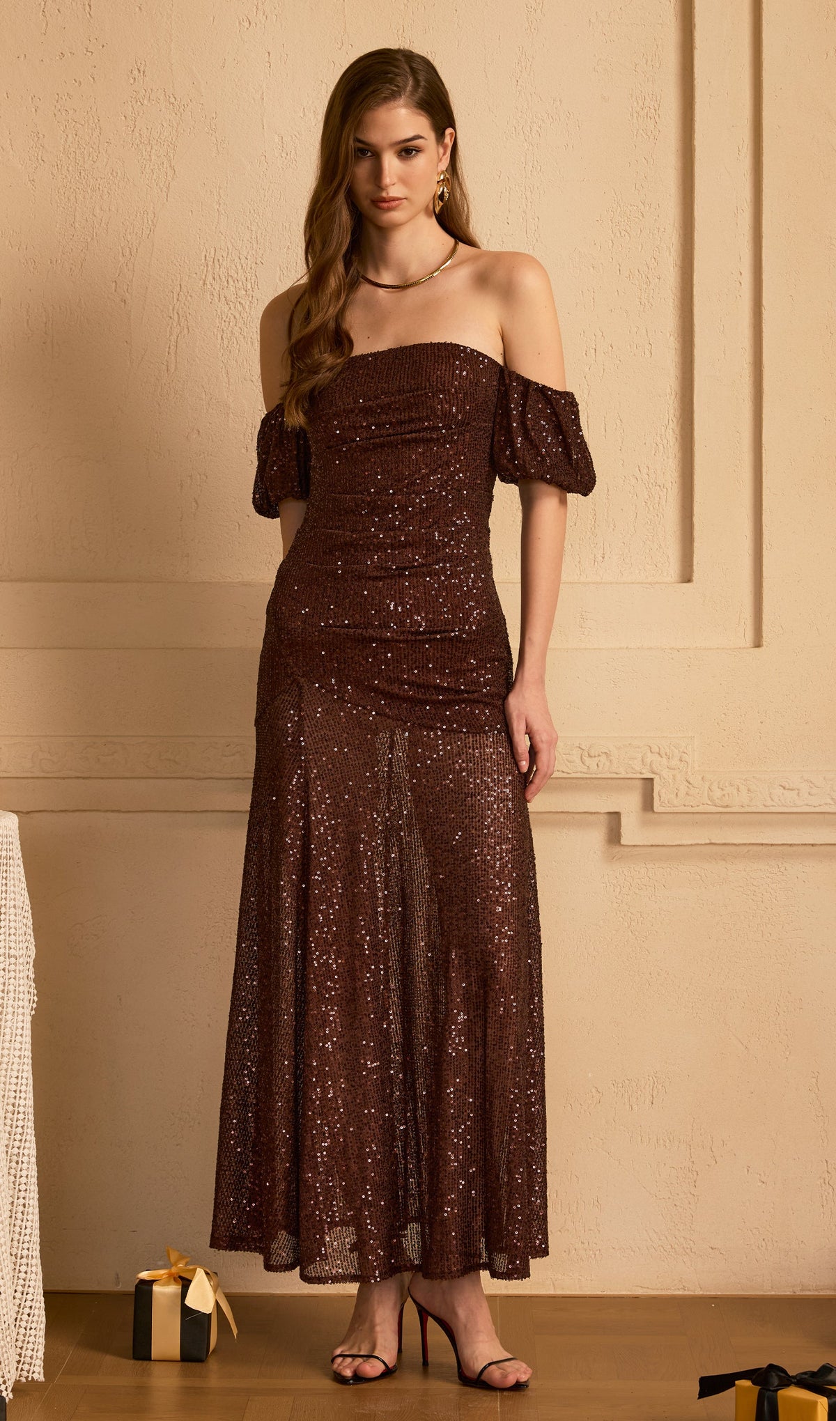 Off Shoulder Stretch Sequin Maxi Dress