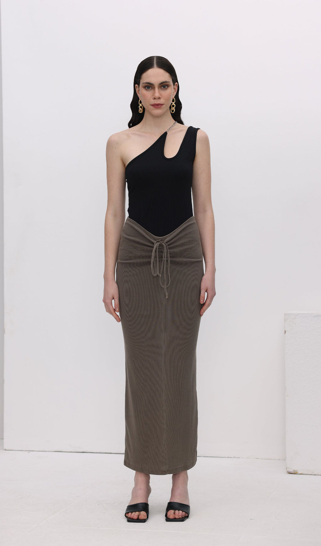 Tie Drape Pleated Midi Skirt