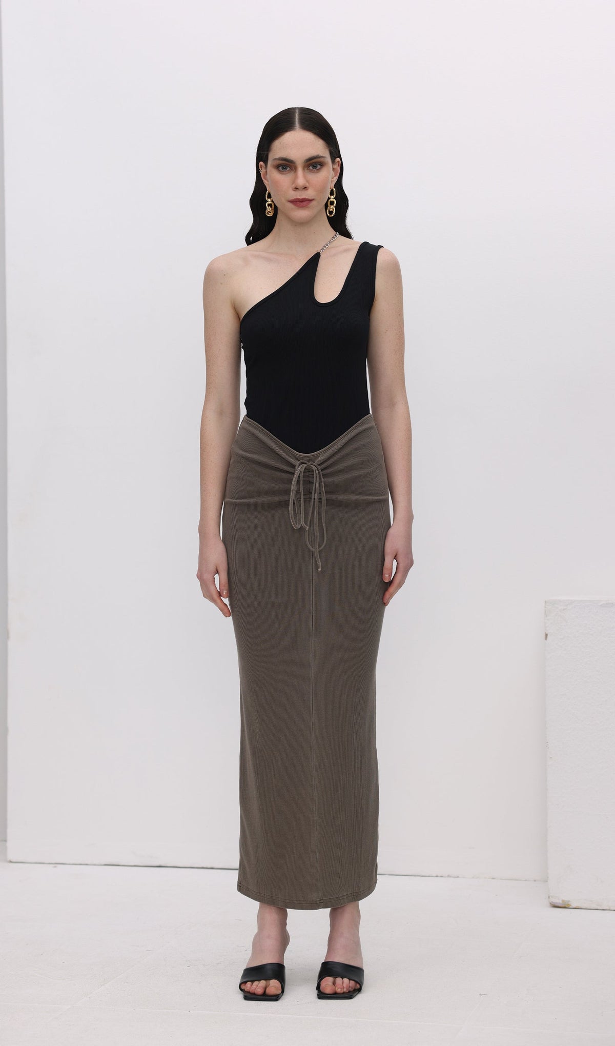 Tie Drape Pleated Midi Skirt