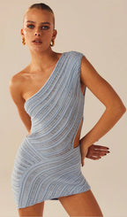 Ladder Hollow Knit Mini Dress-Blue