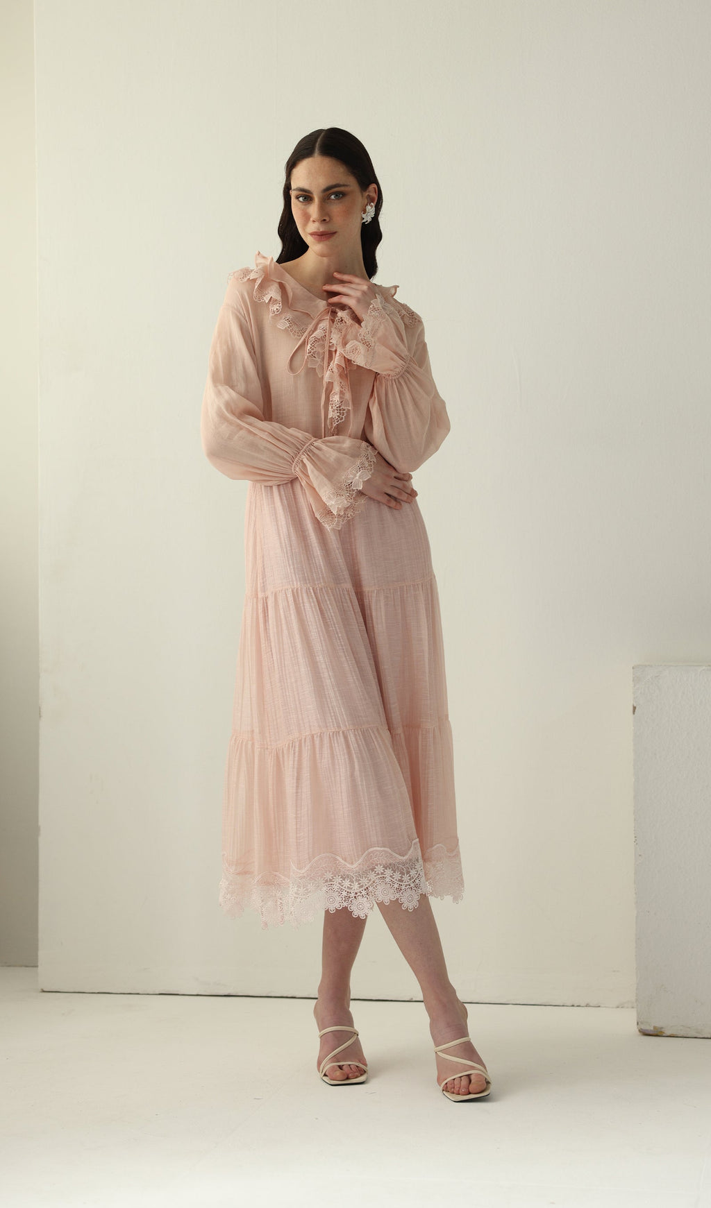 Long Sleeved Lace Panel Midi Skirt