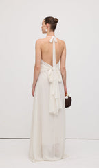 Halter Ruffles Rose Decoration Maxi Dress White