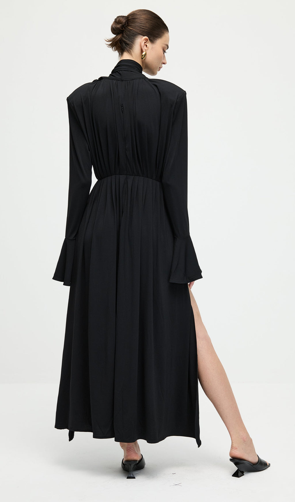 Flower V-Neck Pleated Slit Maxi Dress In Black