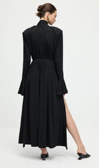 Flower V-Neck Pleated Slit Maxi Dress In Black