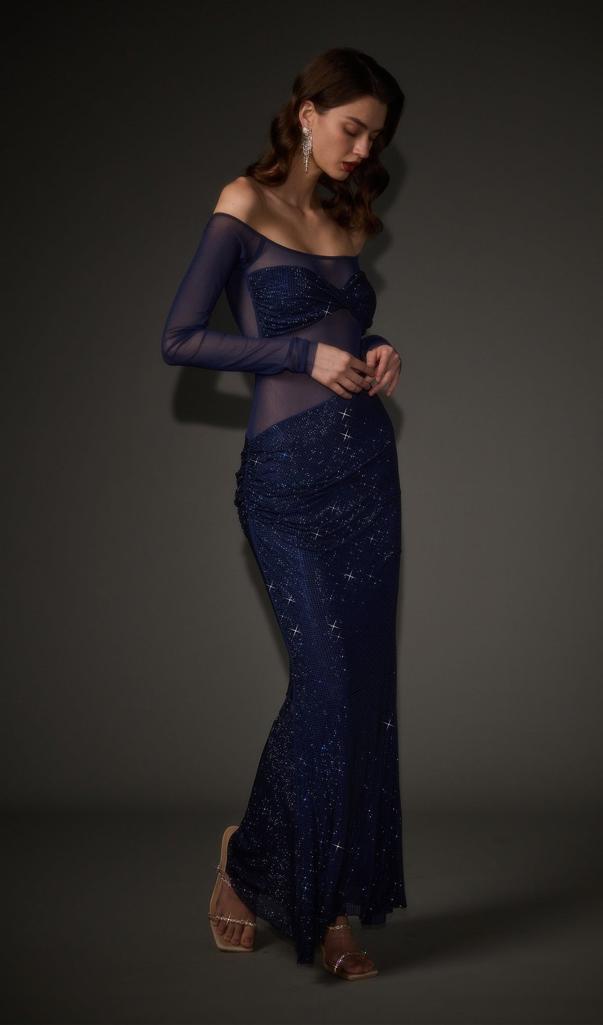 Diamante Off Shoulder Maxi Dress In Navy