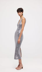 Sleeveless Embellished V Neck Midi Dress