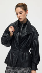 Waisted Lapel Leather Jacket In Black