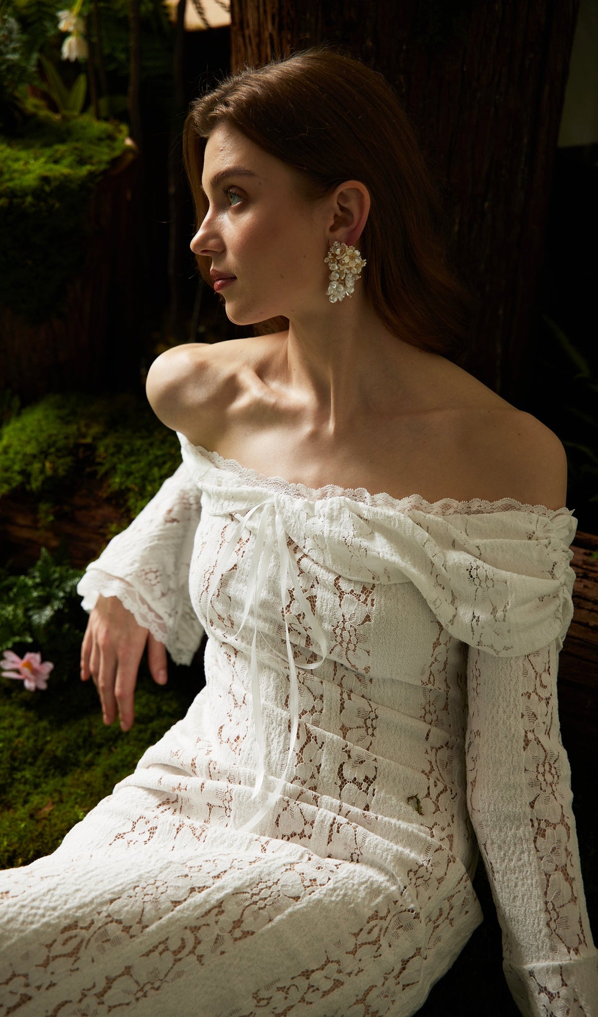 Vintage Floral Lace Off Shoulder Maxi Dress