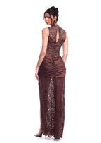 Loa Stand Up Collar Slit Maxi Dress In Dight Brown