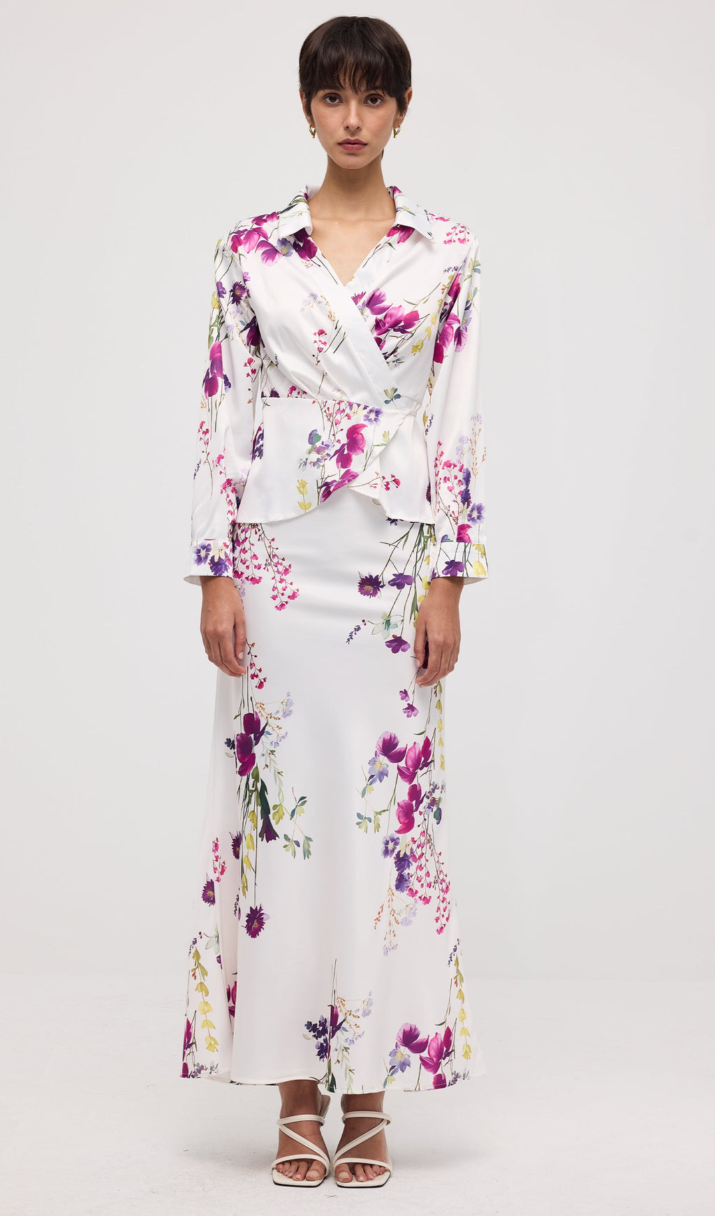 Floral Print Satin Maxi Skirt Two Piece Sets