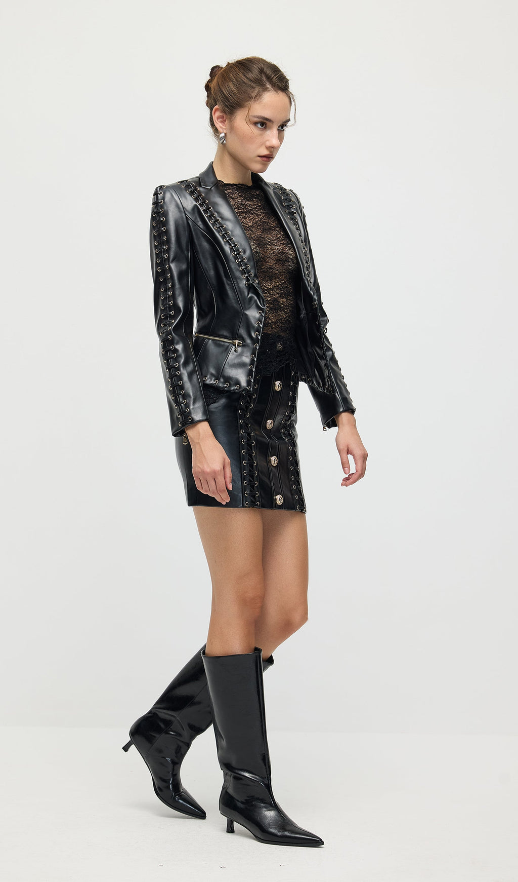 Rope Lacing Leather Jacket & Mini Skirt