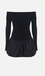 Open Shoulders Balloon Mini Dress-Black