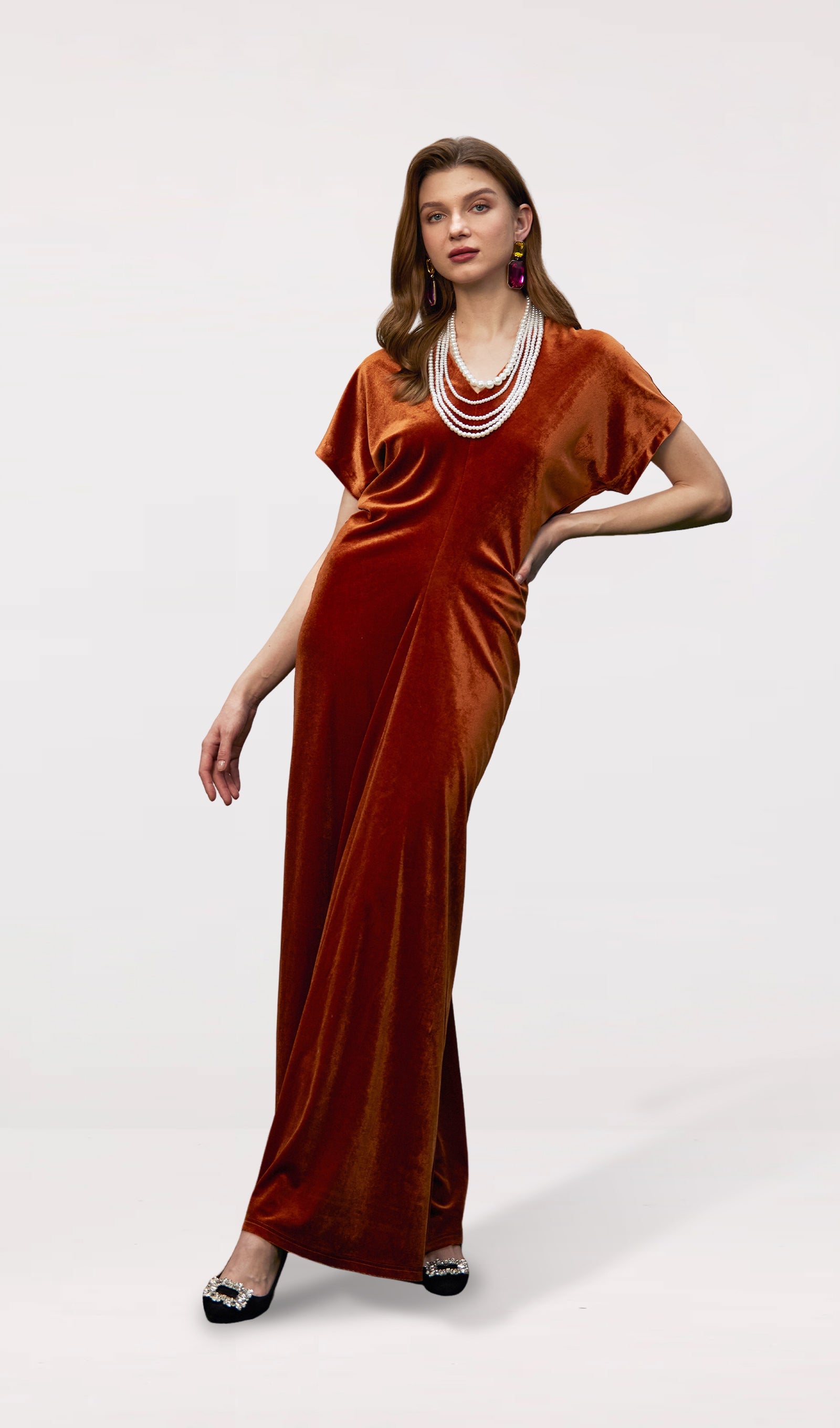 Bias-Cut Velvet Maxi Dress-Copper