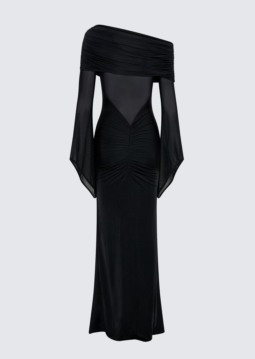 One Shoulder Slinky Ruched Maxi Dress-Blue