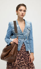 Solid V Neck Blue Denim Jacket With Belt