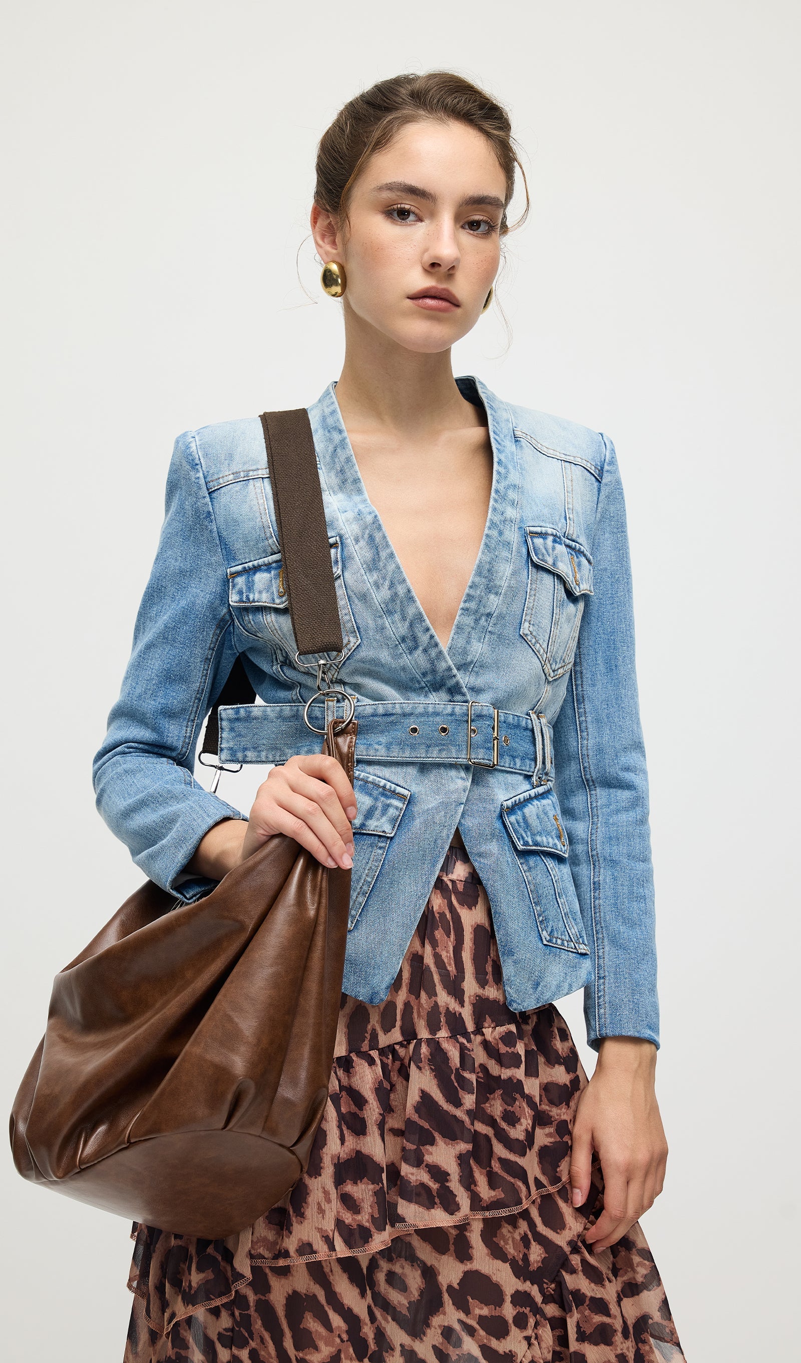 Solid V Neck Blue Denim Jacket With Belt