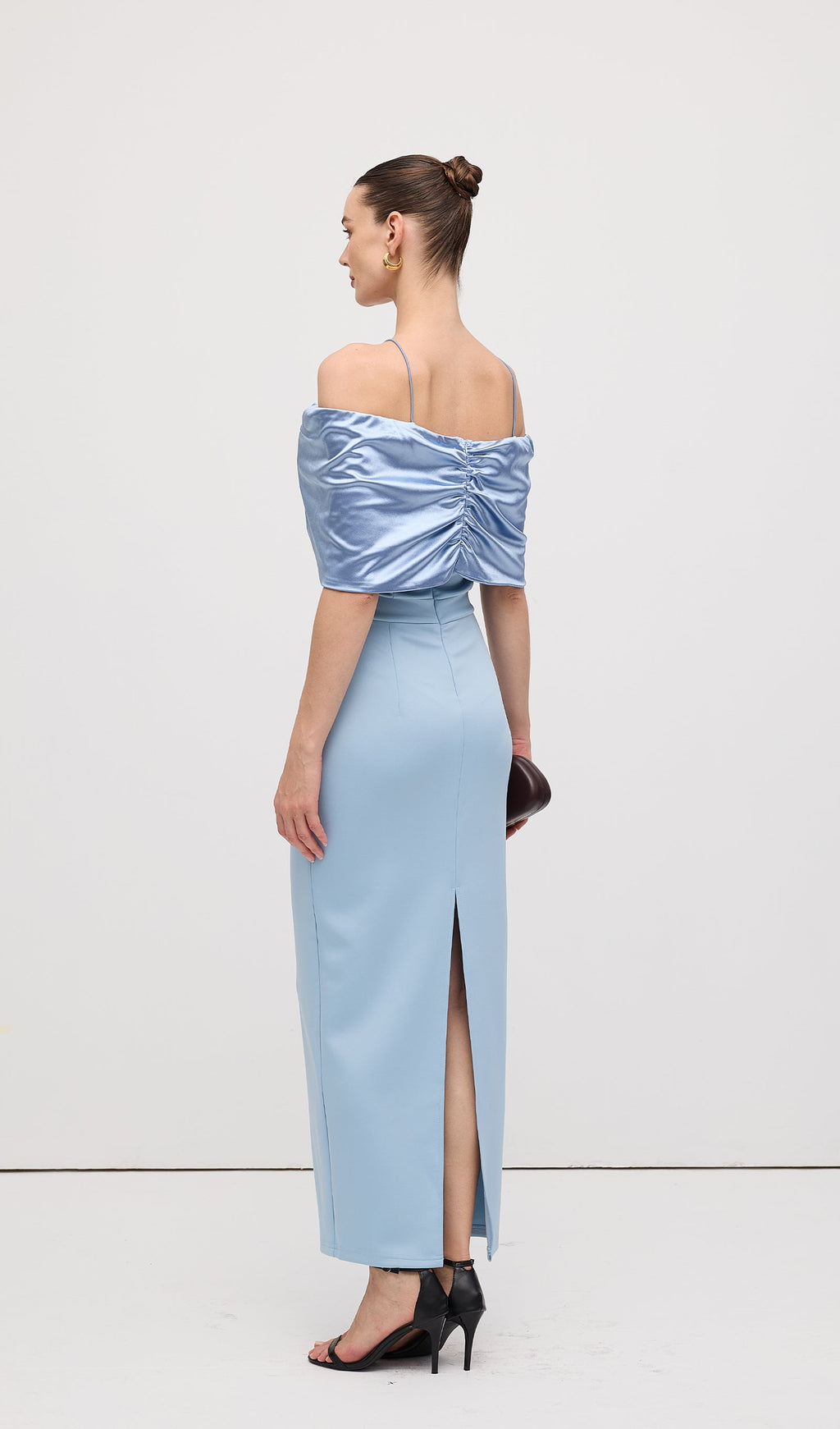 Off Shoulder Draped Satin Maxi Dress