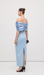Off Shoulder Draped Satin Maxi Dress