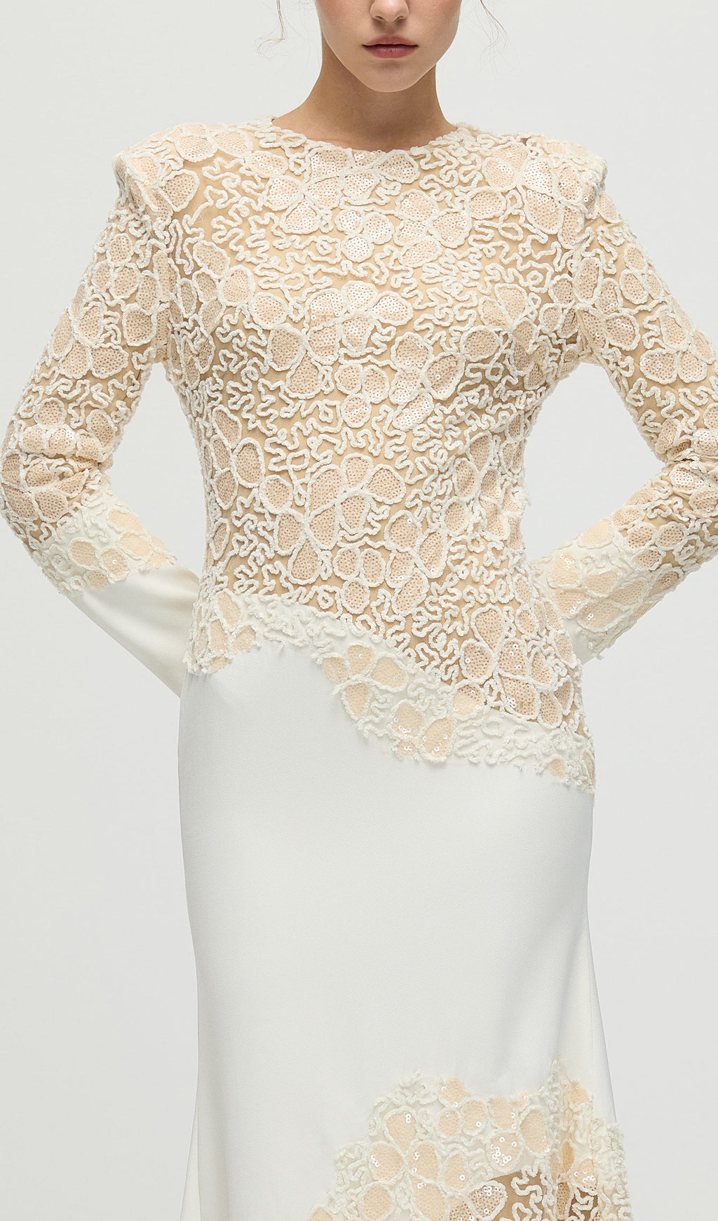 Textured Floral Embroidered Sequined Maxi Dress In Ivory