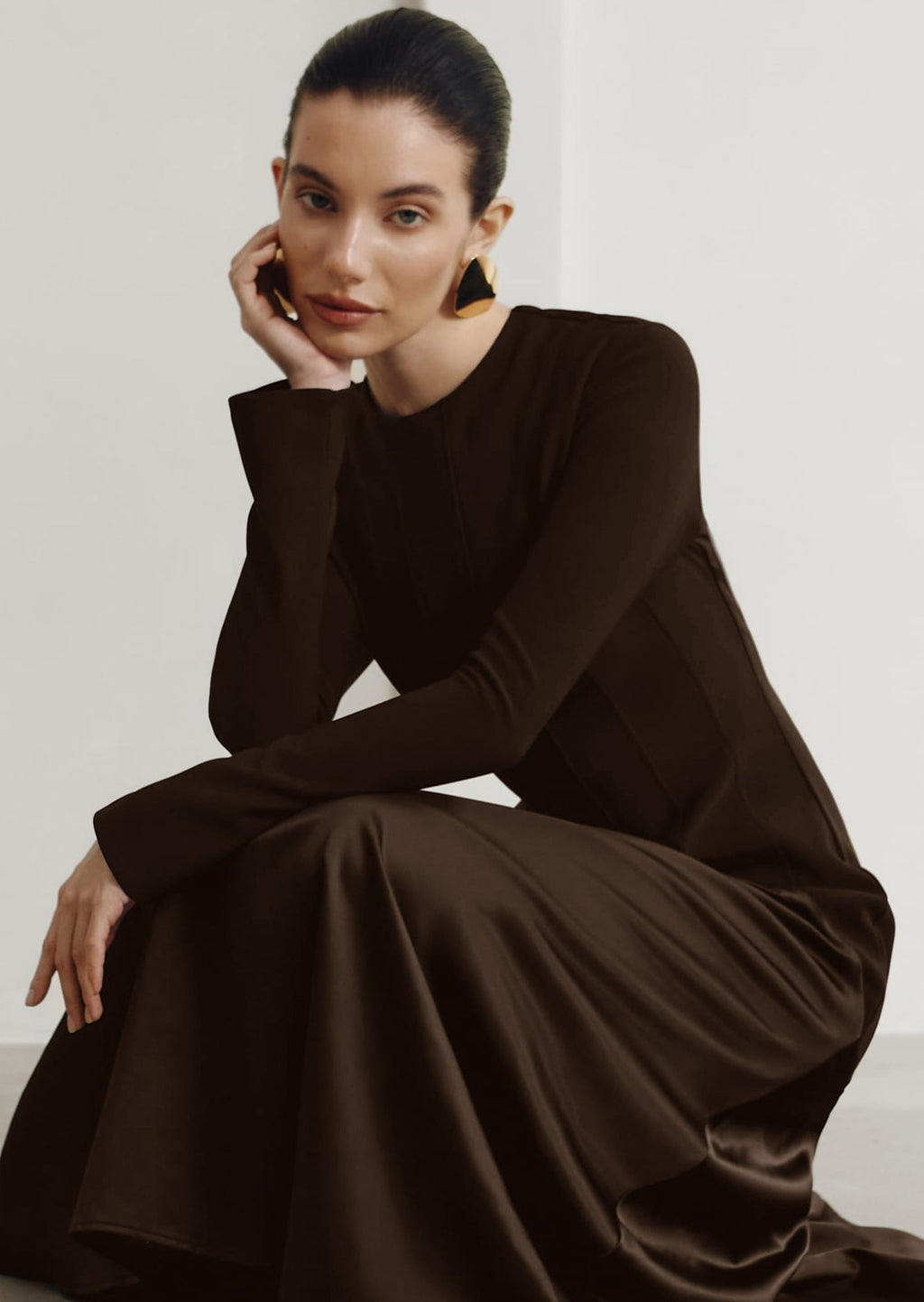 Knitted Satin Maxi Dress -Coffee