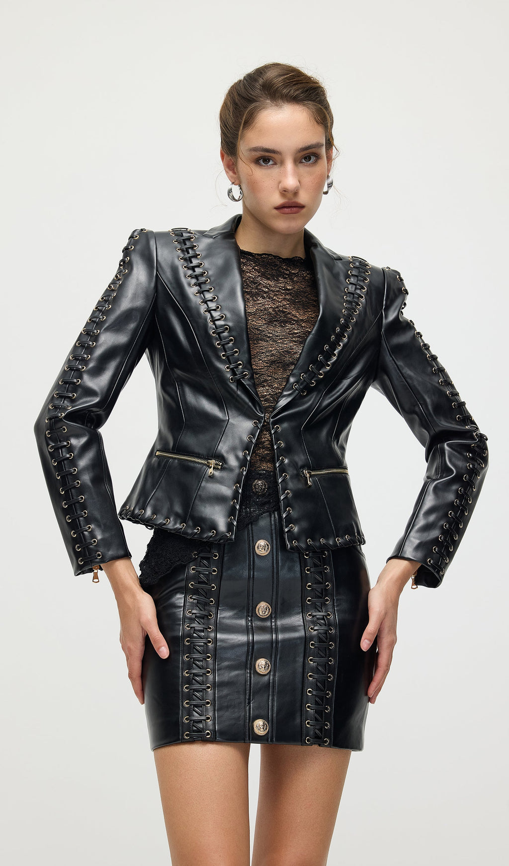 Rope Lacing Leather Jacket & Mini Skirt