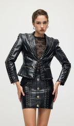 Rope Lacing Leather Jacket & Mini Skirt