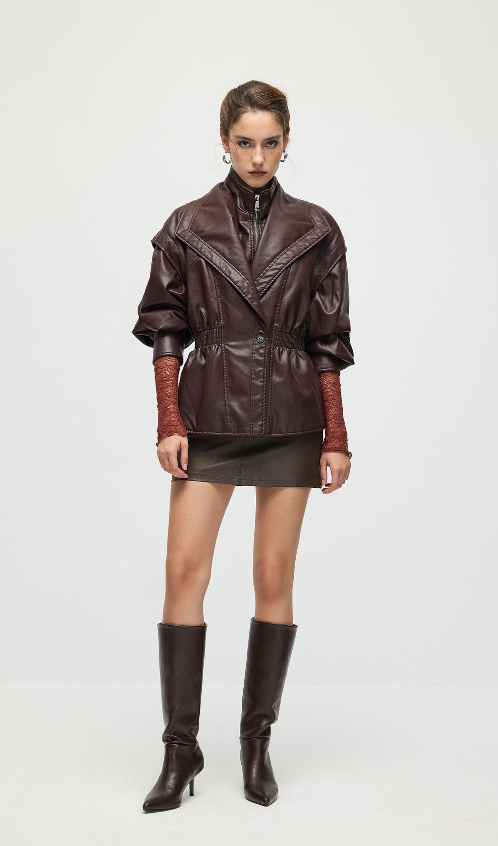 Waisted Lapel Leather Jacket In Brown